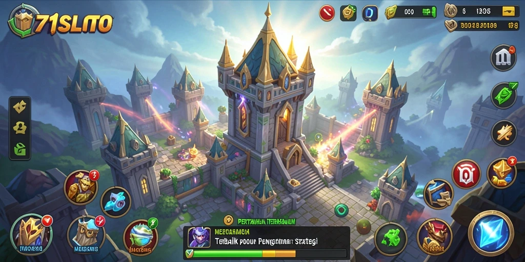 Screenshot gameplay dari 171SLOT yang menunjukkan pertahanan menara yang strategis.