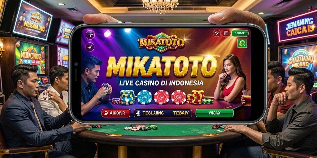 Screenshot gameplay MIKATOTO menampilkan dealer langsung dan meja permainan yang menarik.