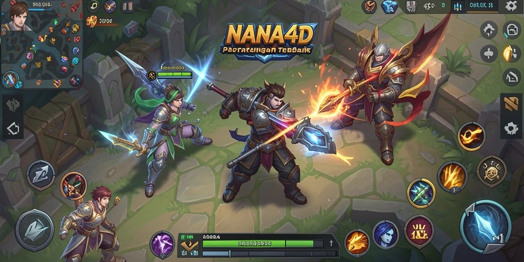 Tangkapan layar utama NANA4D menampilkan aksi gameplay MOBA yang seru.