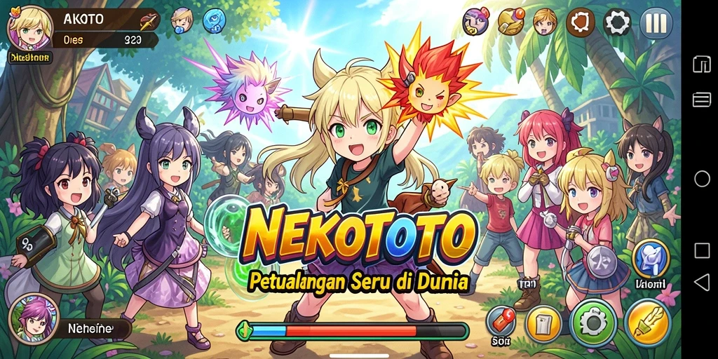 Tampilan screenshot utama NEKOTOTO yang menampilkan karakter dan lingkungan anime yang cantik.