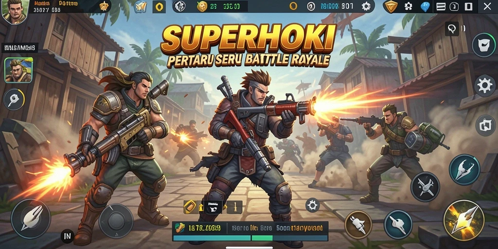 Tangkapan layar utama SUPERHOKI menampilkan aksi pertarungan Battle Royale yang mendebarkan.